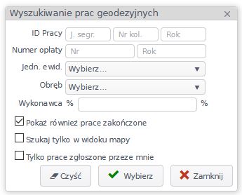 Widok okna wyszukiwania prac geodezyjnych