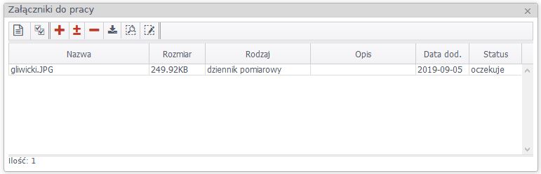 Widok okna z wylistowanymi załącznikami do pracy
